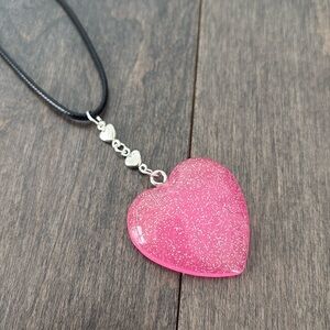 Handmade Heart Necklace Pendant Charm, Jewellery, Black Cord, Pink Sparkle Jewel